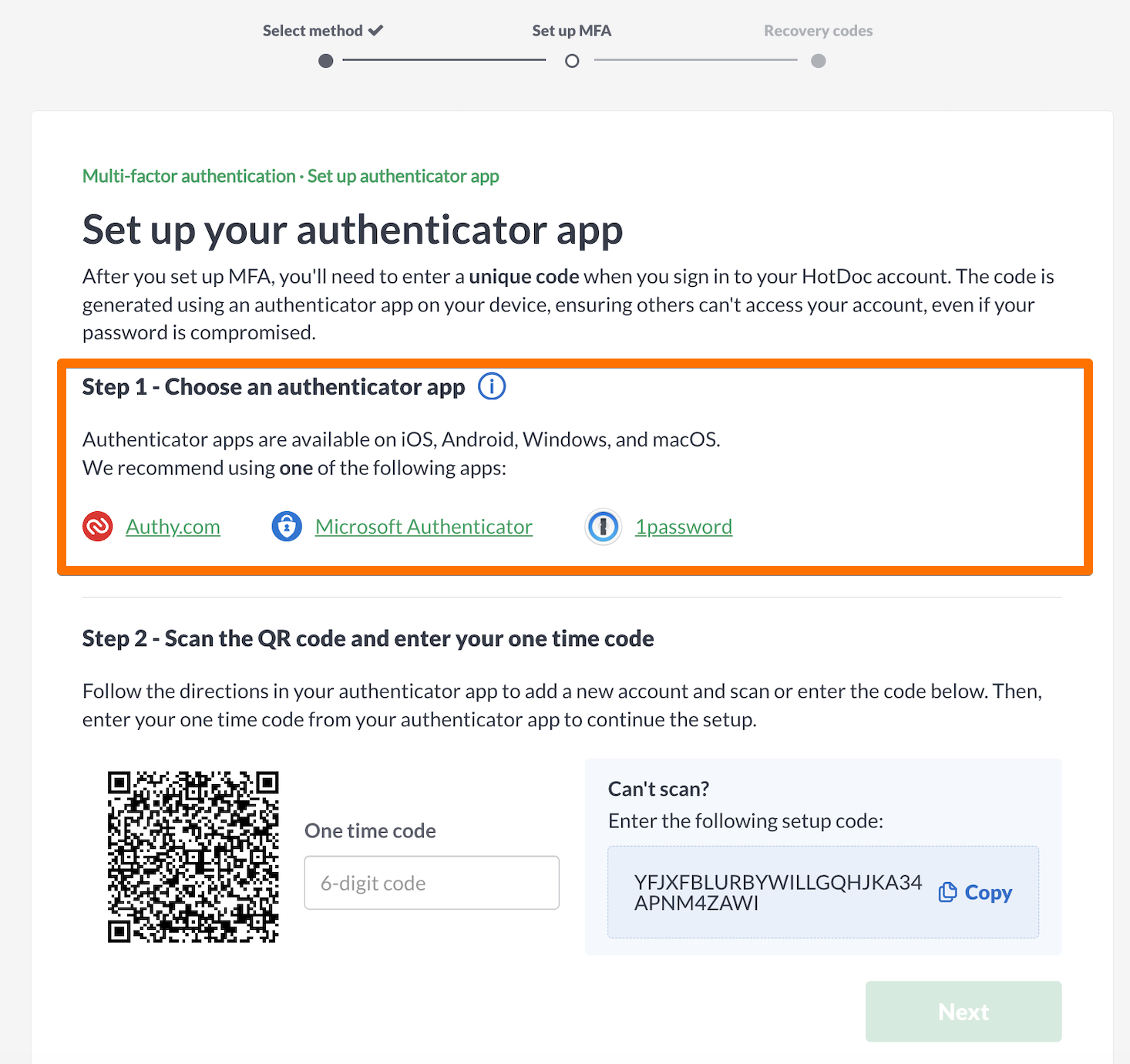 Choose authenticator app