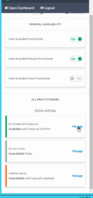HotDoc Sidebar practitioner list showing each practitioner's status changing colour as the user clicks Manage and adjusts their availability