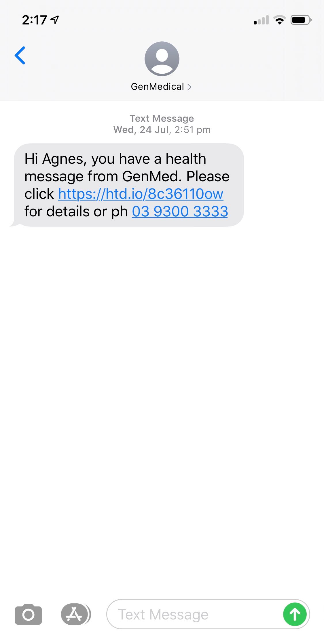 Example Recall SMN on a mobile phone showing the practice's phone number as a tappable link