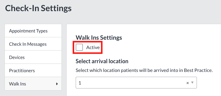 Walk Ins settings with the Active checkbox selected and the green Save button
