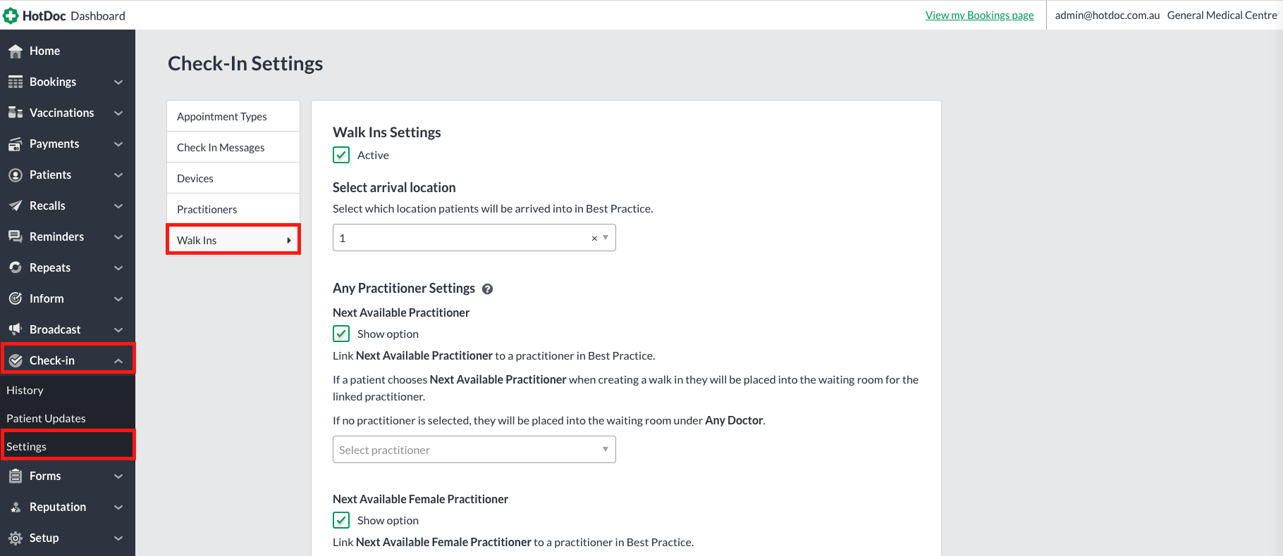 Check-in settings in the HotDoc Dashboard with the Walk Ins tab selected