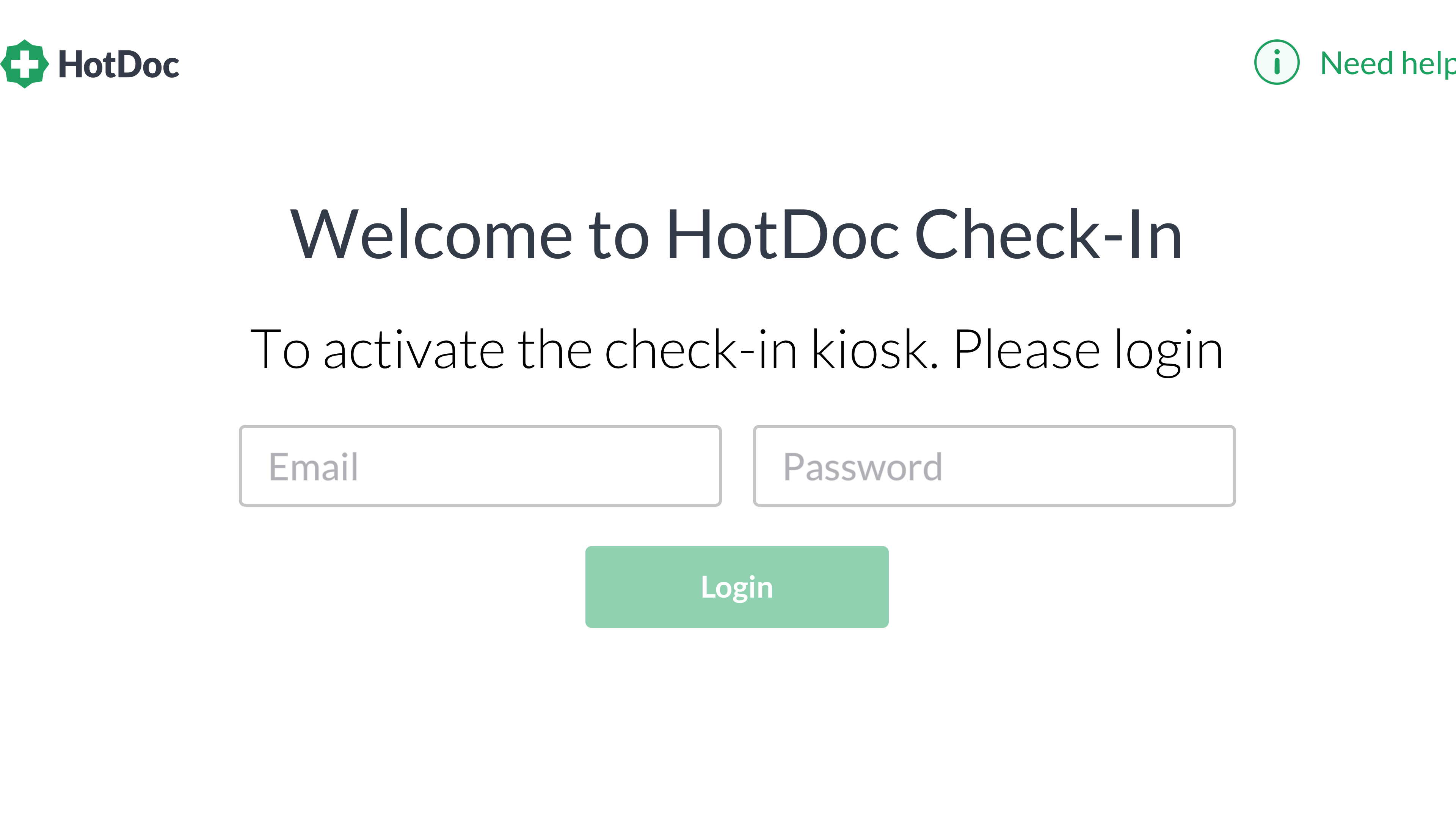 Kiosk login screen with fields for HotDoc Dashboard email and password
