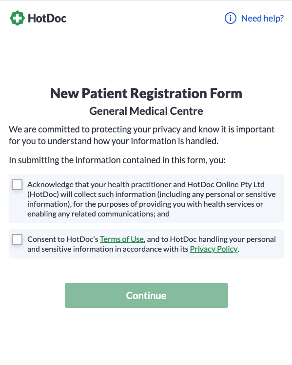 Form preview showing the form as a patient would see and complete it