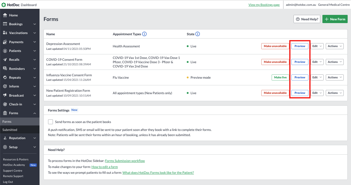 Forms list in the HotDoc Dashboard with a Preview button next to each form