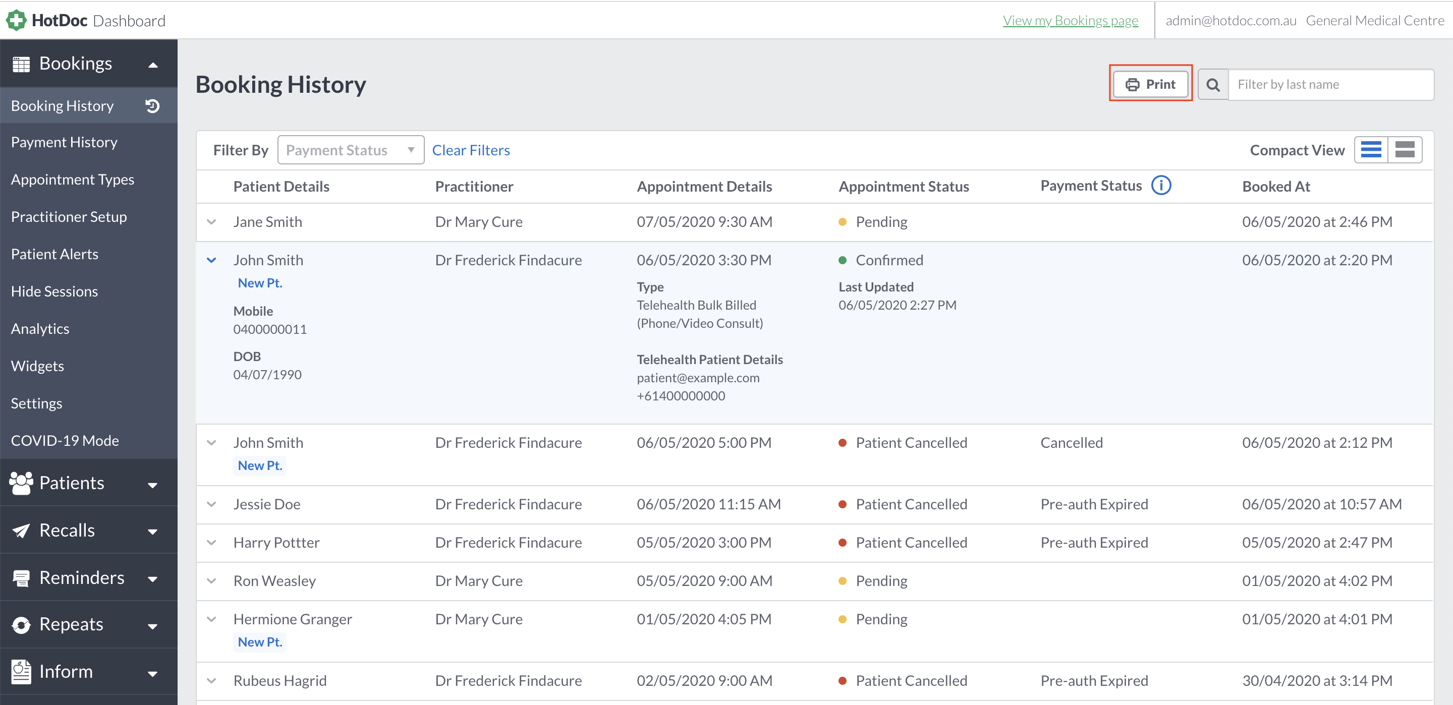 How to print your Bookings history HotDoc Support