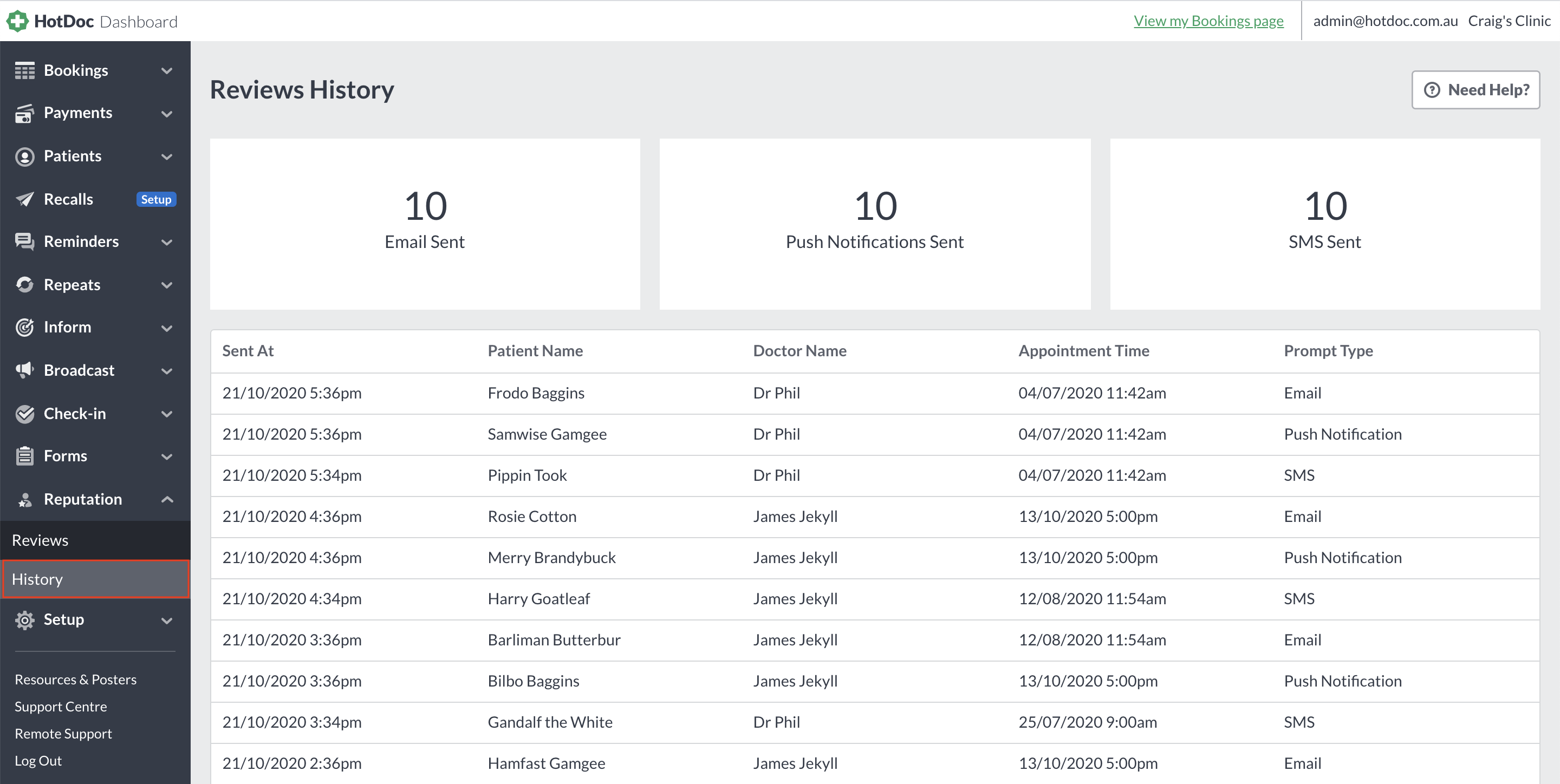 Reputation History page in the HotDoc Dashboard, listing review requests sent to patients